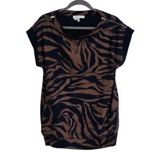 See By Chloe Tunic Top Women US 8 Zebra Animal Print Black Brown Zipper Cotton